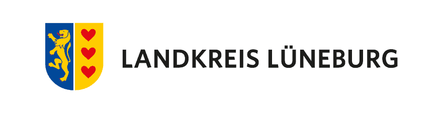 Logo des Landkreises Lüneburg mit blau-gelbem Wappen und Schriftzug „Landkreis Lüneburg“.