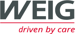 Logo von WEIG mit dem Slogan „driven by care“.