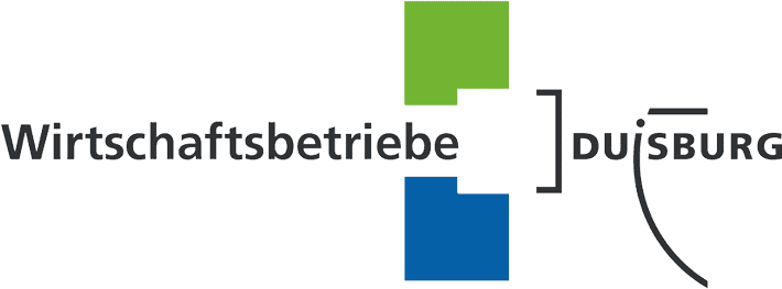 Logo der Wirtschaftsbetriebe Duisburg mit grün-blauen Gestaltungselementen und Schriftzug.