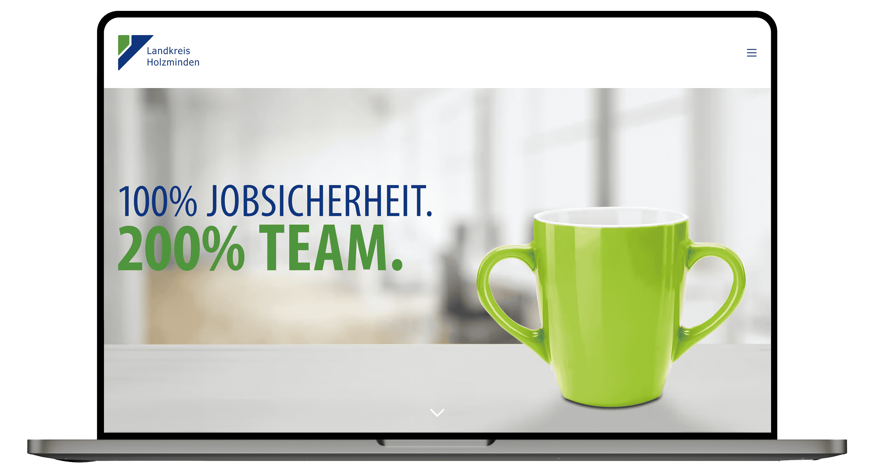 Screenshot der Karriereseite des Landkreises Holzminden mit dem Slogan „100 % Jobsicherheit. 200 % Team.“