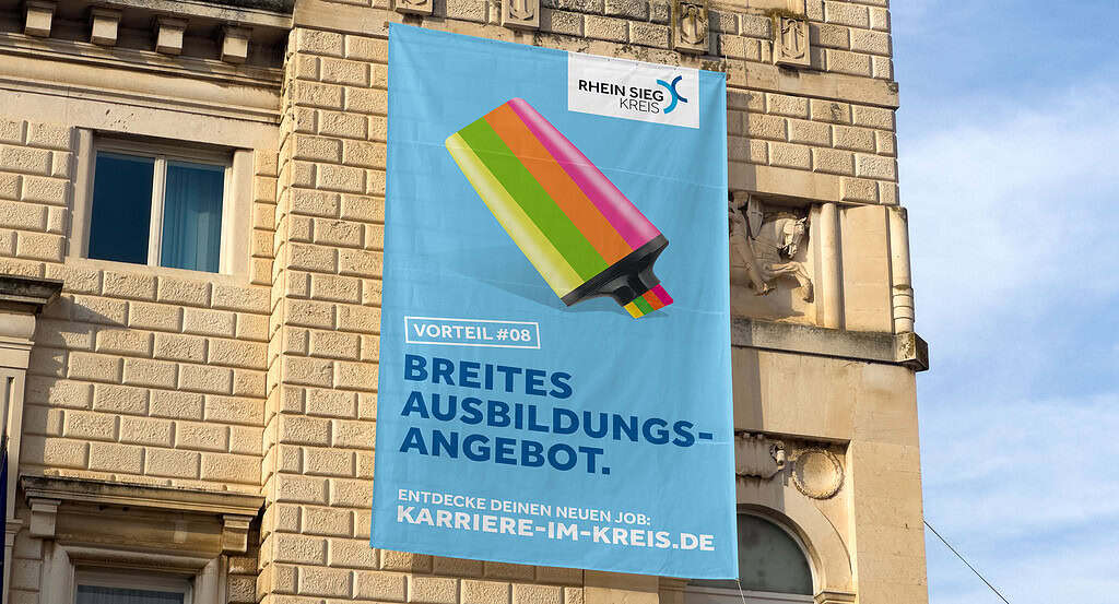 Karrierebanner des Rhein-Sieg-Kreises mit buntem Textmarker und dem Slogan „Breites Ausbildungsangebot“.