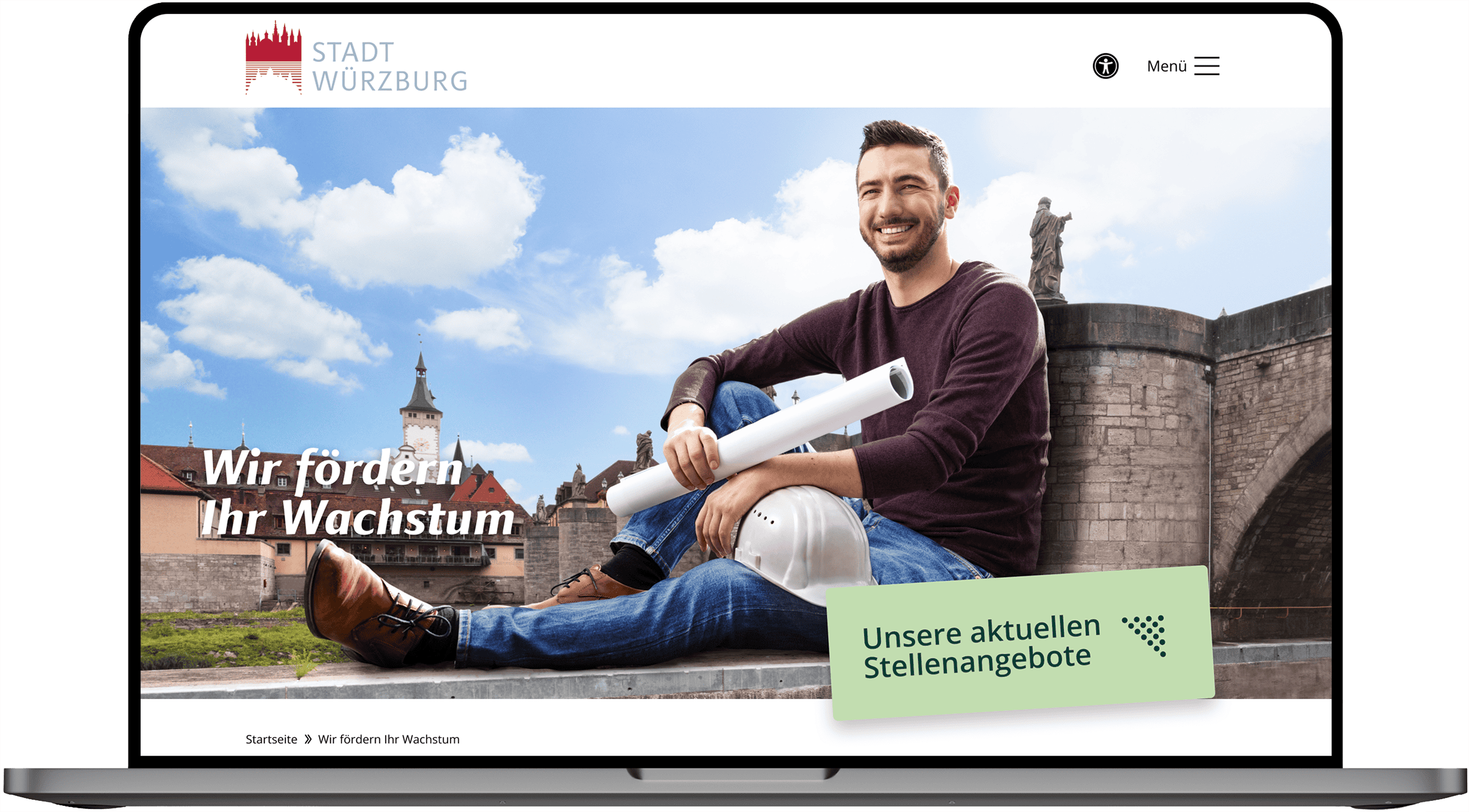 Screenshot der Karriereseite der Stadt Würzburg mit einem Mitarbeitenden vor der Alten Mainbrücke.
