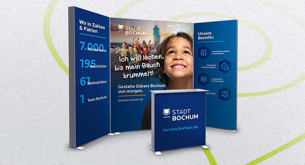 Messestand der Stadt Bochum mit Karriere-Motiv, Informationen zu Benefits und zentralem Präsentationstresen.