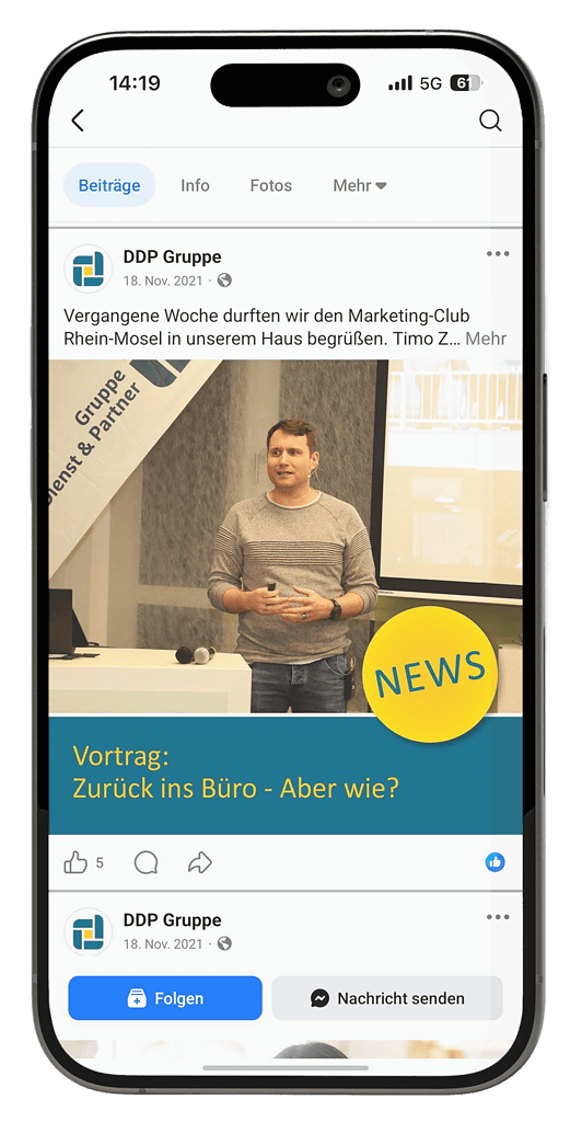 Social-Media-Beitrag der DDP Gruppe zu einem Vortrag des Marketing-Clubs Rhein-Mosel zum Thema „Zurück ins Büro – Aber wie?“.
