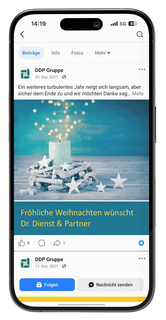 Social-Media-Beitrag der DDP Gruppe mit Weihnachtsgrüßen von Dr. Dienst & Partner.
