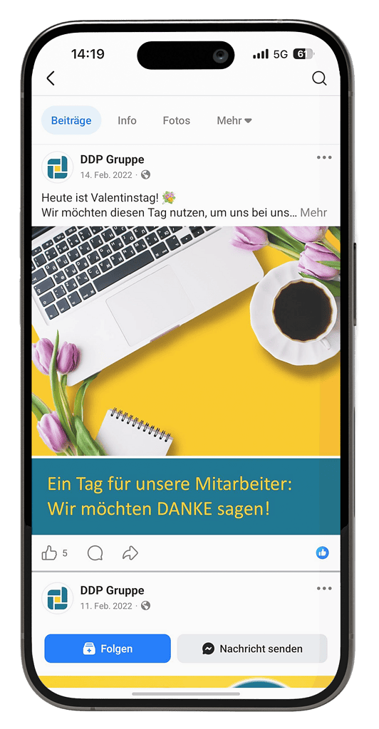 Social-Media-Beitrag der DDP Gruppe zum Valentinstag als Dankeschön an die Mitarbeiterinnen und Mitarbeiter.