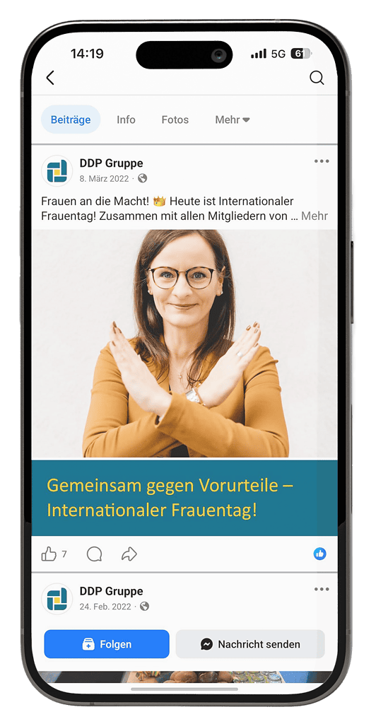 Social-Media-Beitrag der DDP Gruppe zum Internationalen Frauentag mit dem Motto „Gemeinsam gegen Vorurteile“.