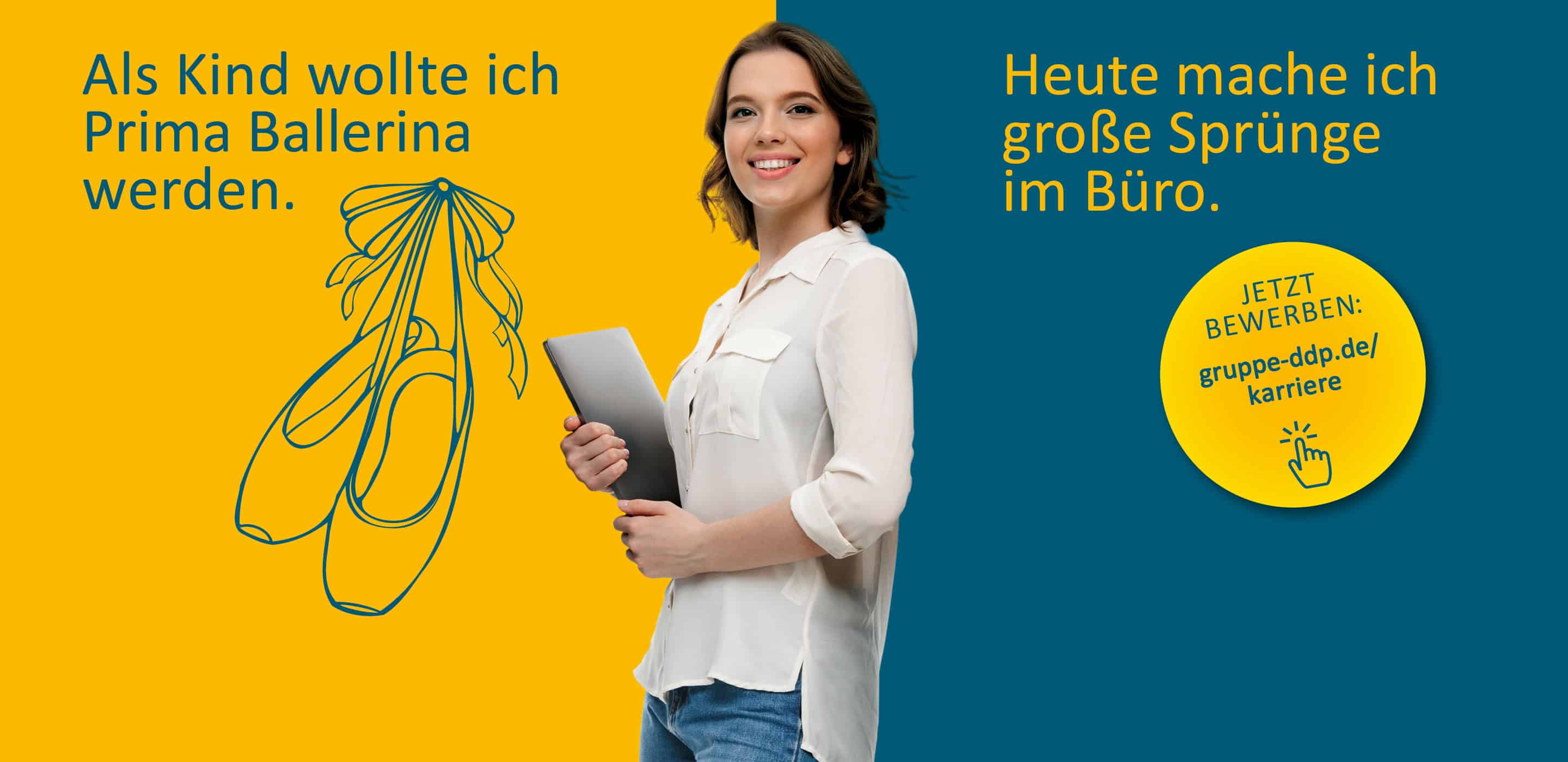 Employer-Branding-Motiv mit Mitarbeiterin und dem Slogan „Heute mache ich große Sprünge im Büro“ für die DDP-Gruppe.