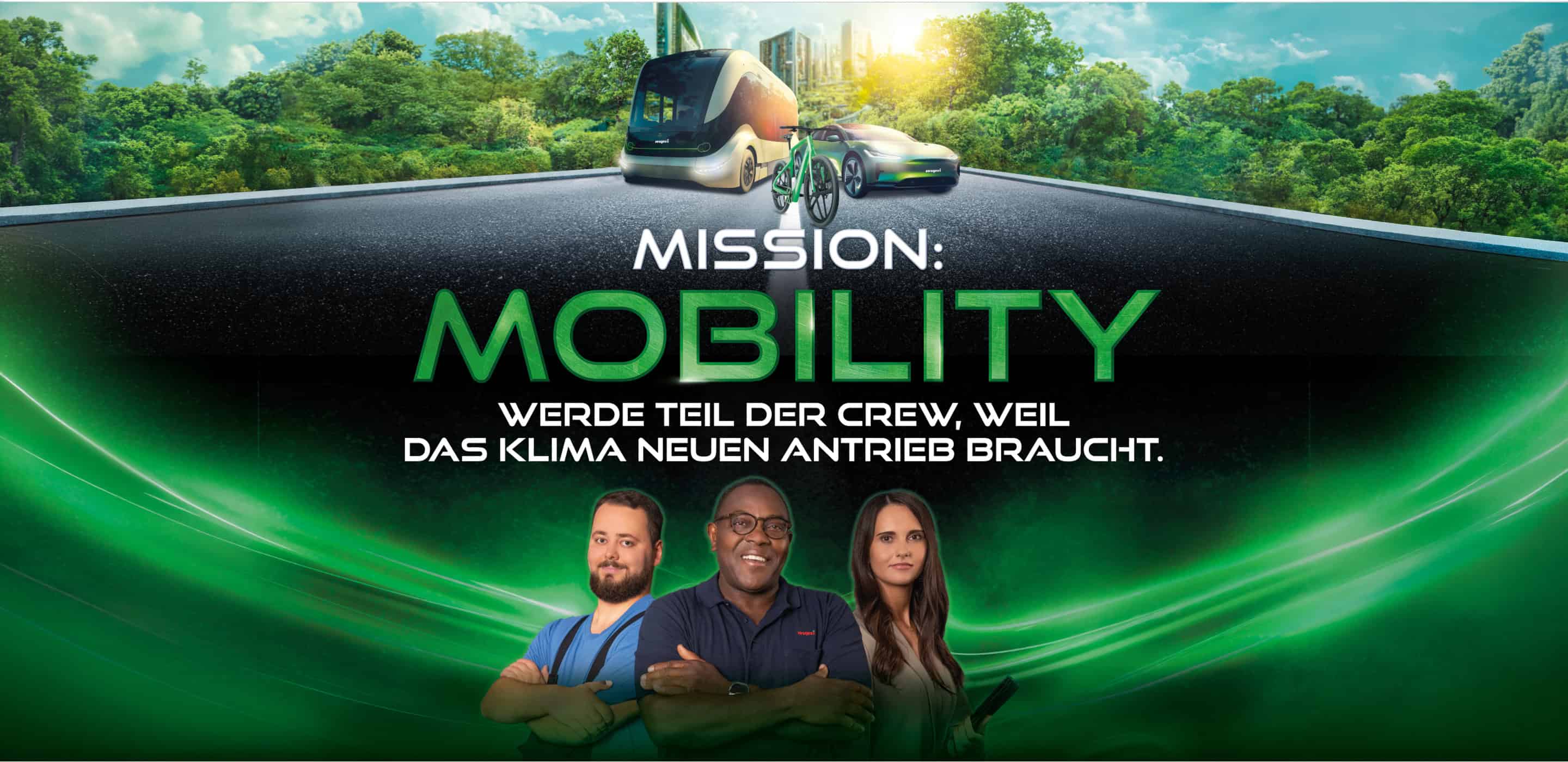 Employer-Branding-Motiv „Mission: Mobility“ mit drei Mitarbeitenden sowie Bus, Auto und Fahrrad als Symbol für nachhaltige Mobilität.